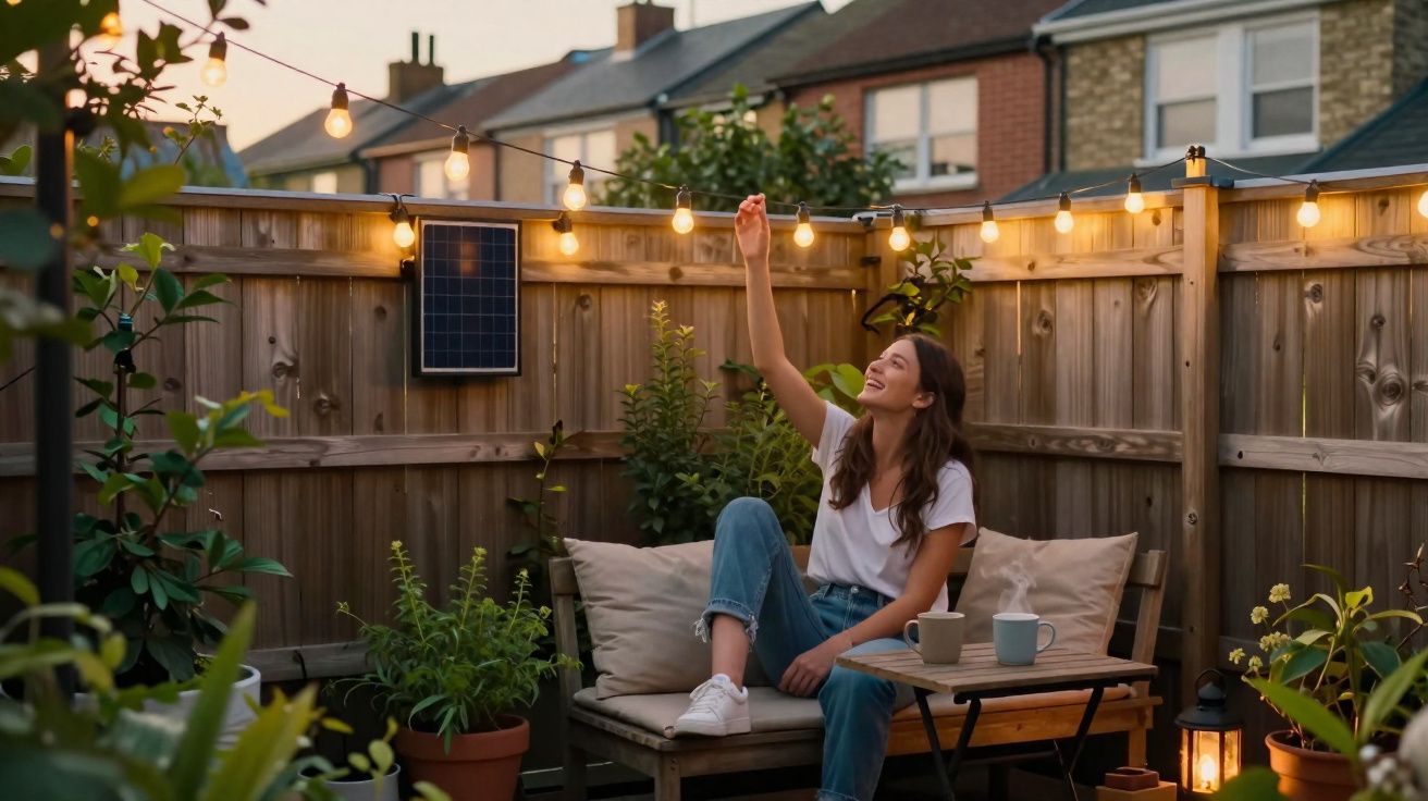 Mulher sentada em banco no jardim decorado com luzes de corda ao entardecer, cercada por plantas e canecas na mesa.