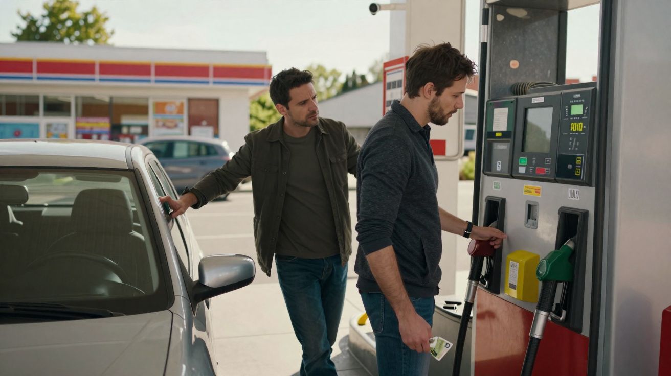 Dois homens em um posto de gasolina, um abastecendo o carro e outro apoiado no veículo.