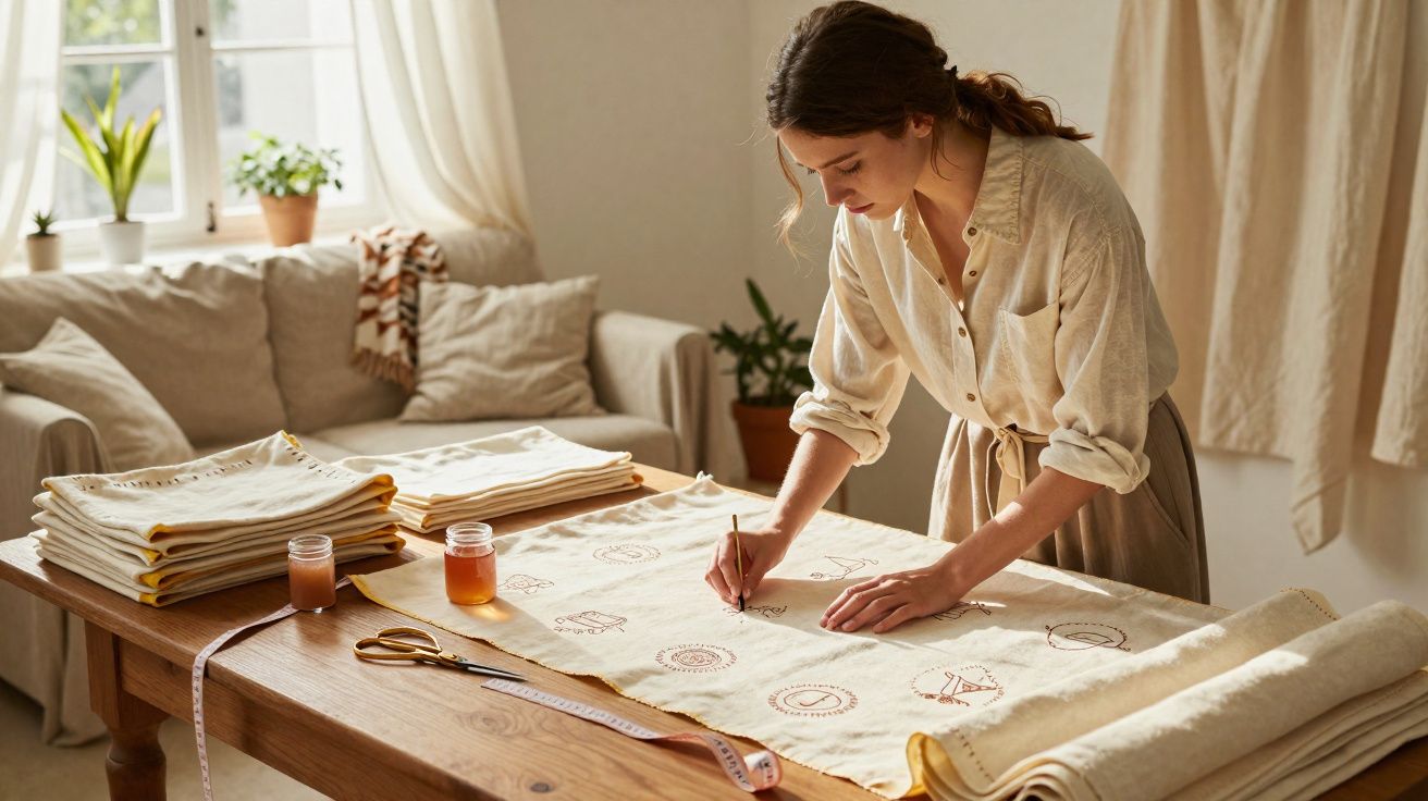 Mulher desenhando estampas em tecido sobre mesa de madeira em ambiente claro e aconchegante.
