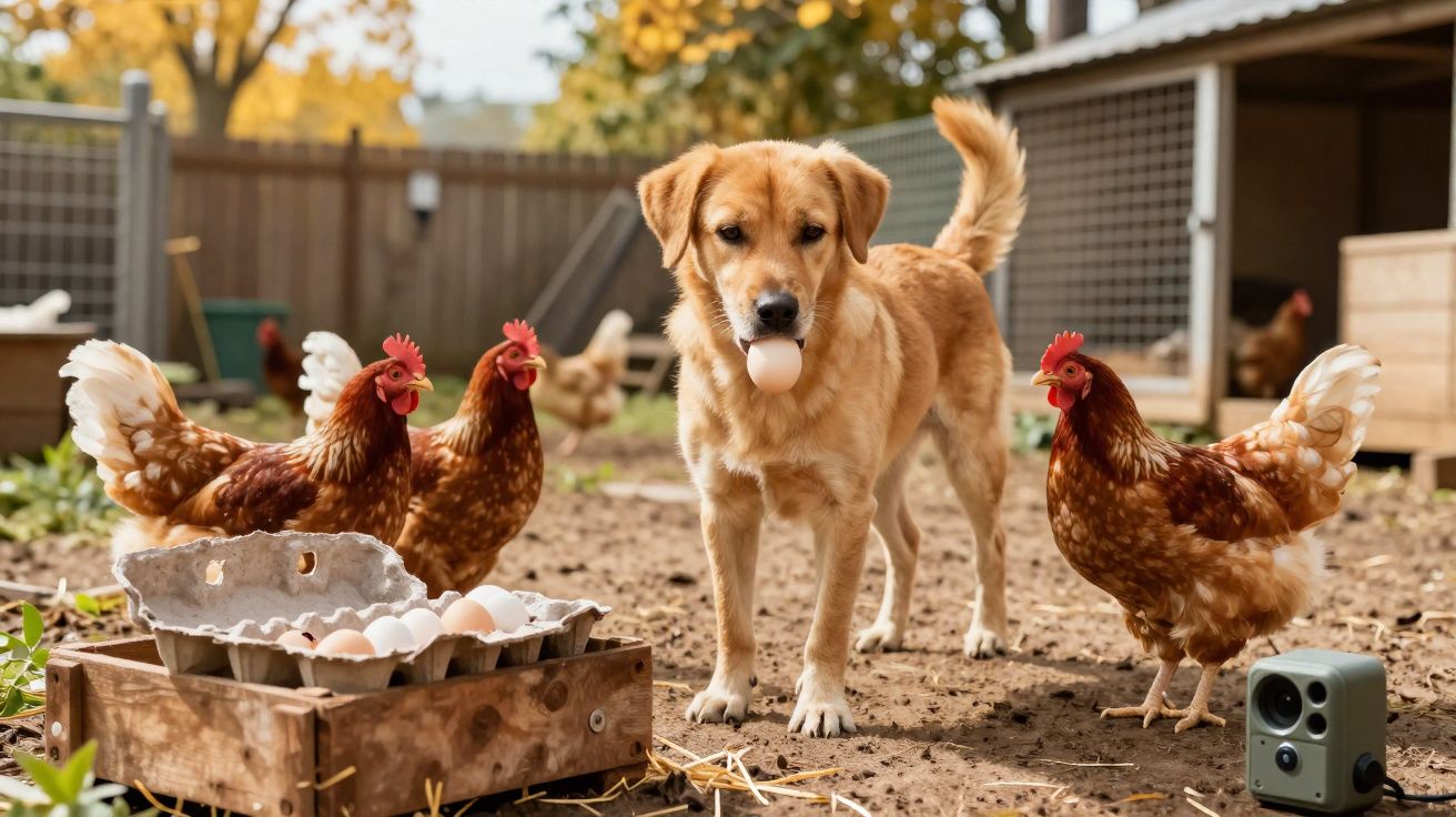 Cachorro segurando ovo na boca cercado por galinhas em área externa de galinheiro.