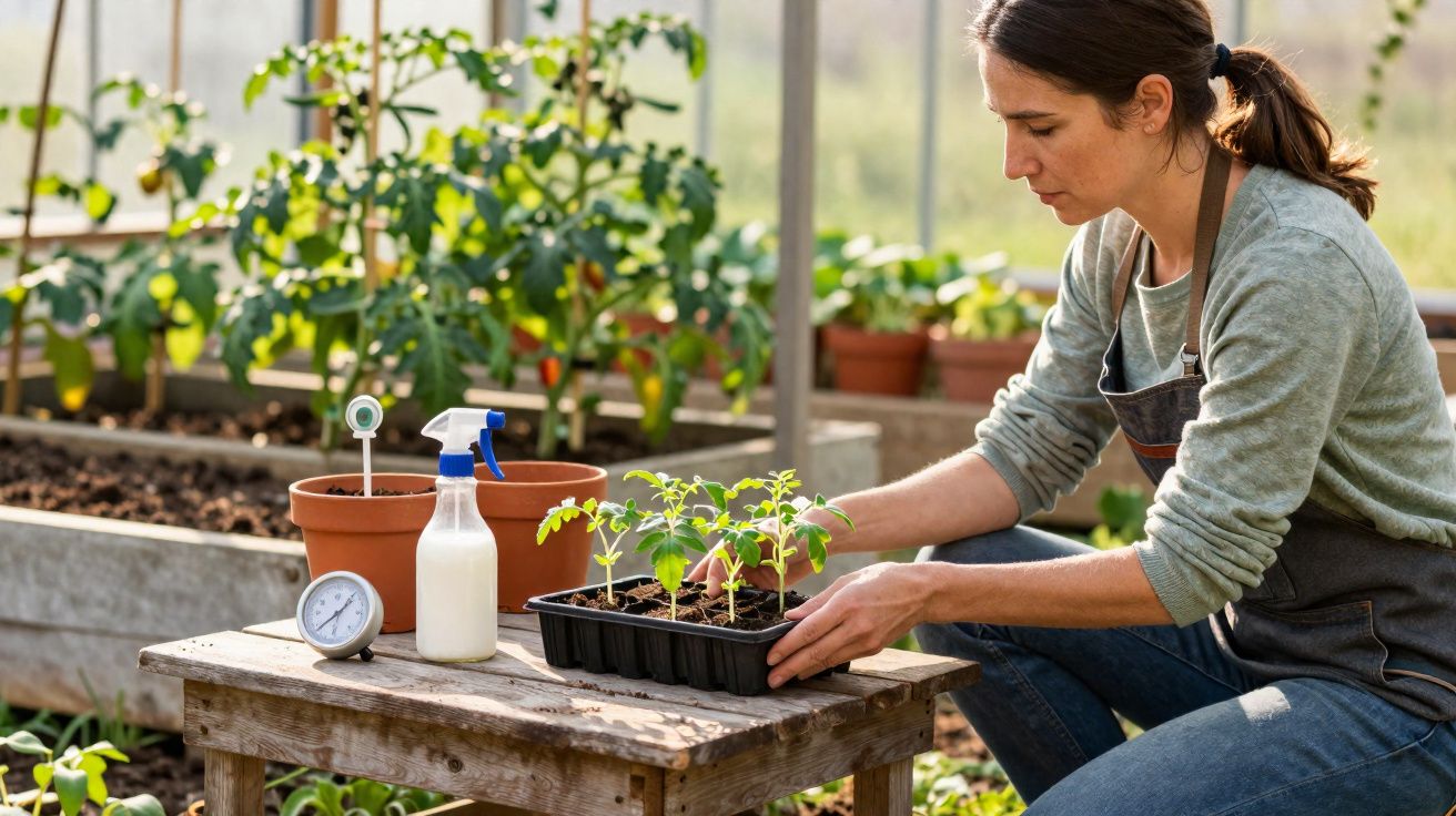 Mulher cuidando de mudas de plantas em estufa, com regador e termômetro sobre mesa de madeira.