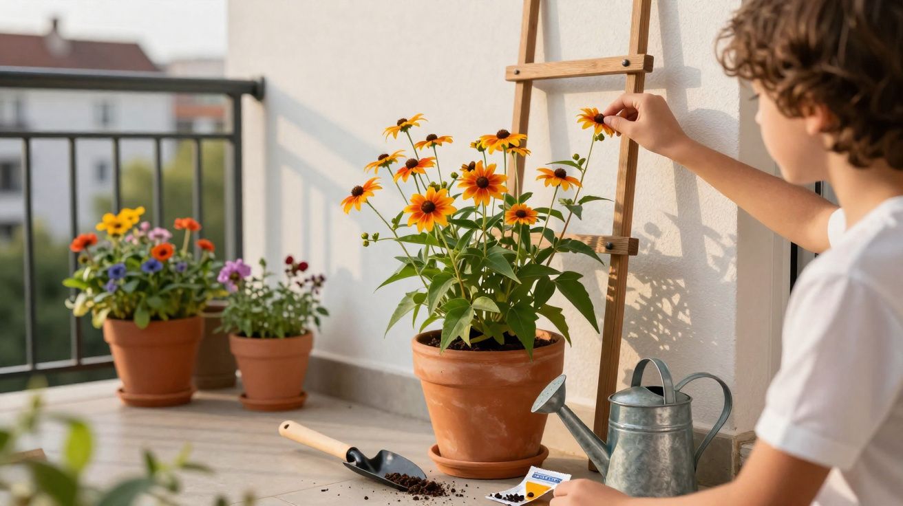 Criança cuidando de vaso com flores amarelas em varanda ensolarada, ao lado de regador, pá e sementes.