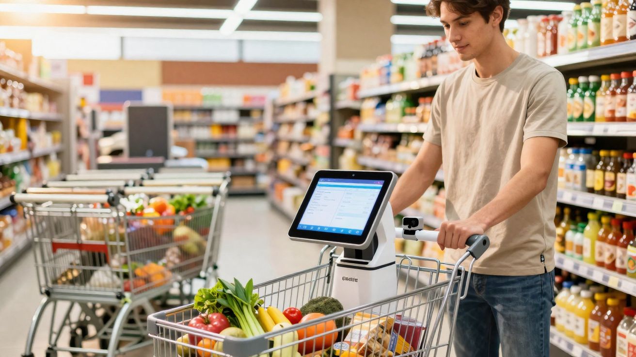 Jovem empurrando carrinho de supermercado com tela de autoatendimento e alimentos variados.
