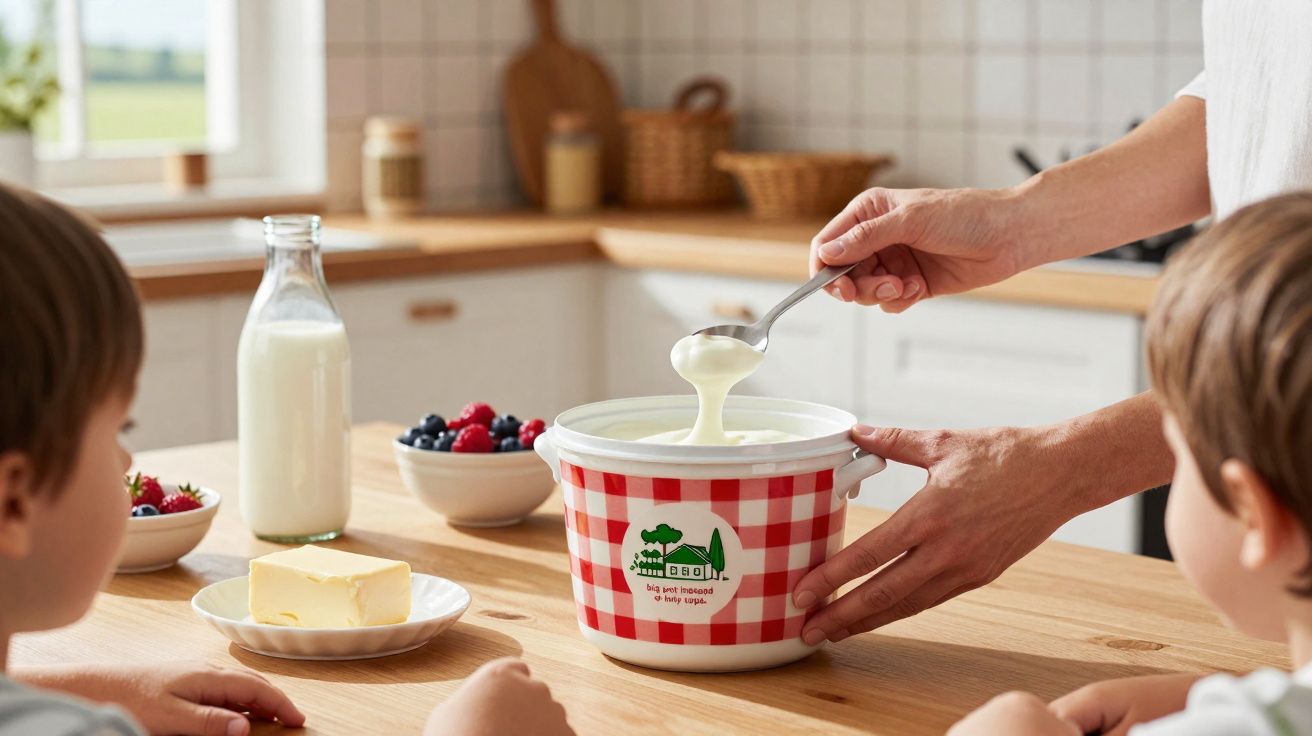Mãos servindo iogurte de pote xadrez para duas crianças à mesa com leite, manteiga e frutas.