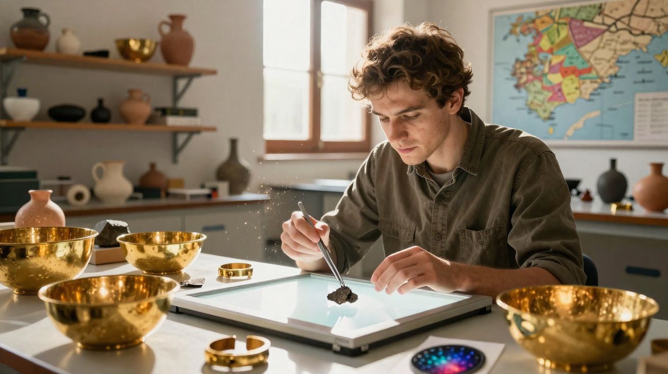 Jovem arqueólogo analisa fragmento de artefato sobre mesa iluminada, cercado de objetos dourados e cerâmicas.