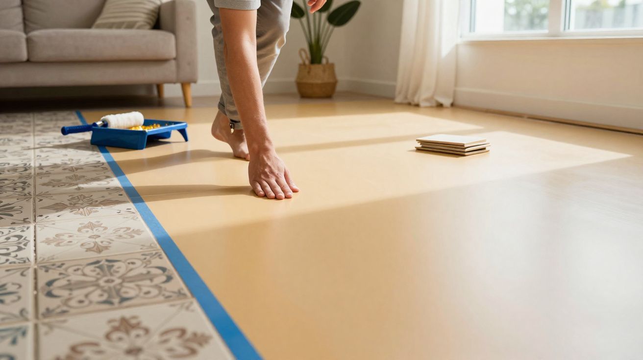 Pessoa tocando um piso com azulejos antigos e uma lona protetora delimitada por fita azul.