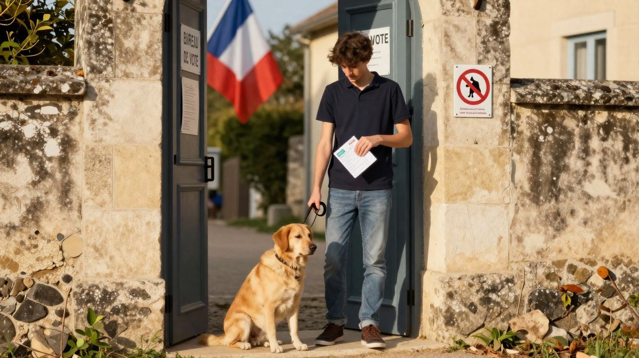 Jovem segurando papel ao lado de cachorro na entrada de prédio com bandeira da França ao fundo.