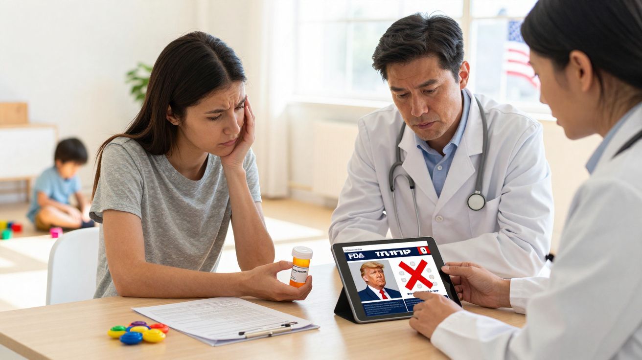 Mulher preocupada consulta médicos que mostram na tela aviso sobre medicamento proibido.