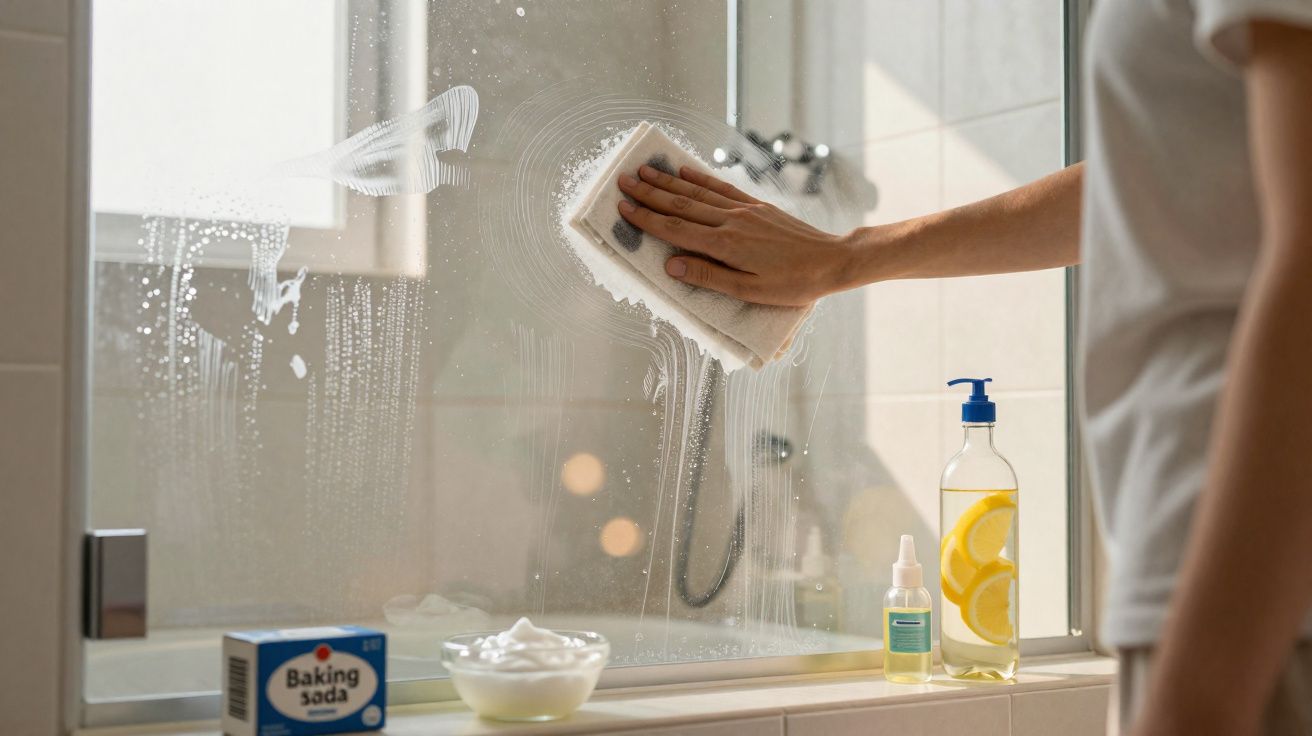 Pessoa limpando vidro do box do banheiro com esponja, produtos de limpeza e limões visíveis.