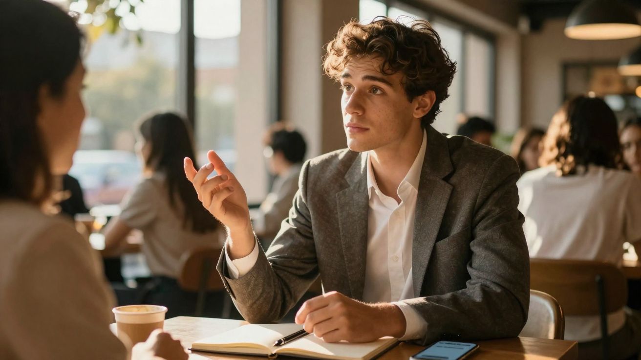 Homem vestido social conversando com mulher em café, com caderno e celular sobre a mesa.