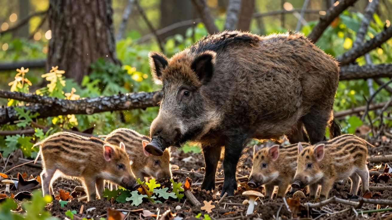 Javali adulto com cinco filhotes listrados procurando comida no chão em floresta iluminada pelo sol.