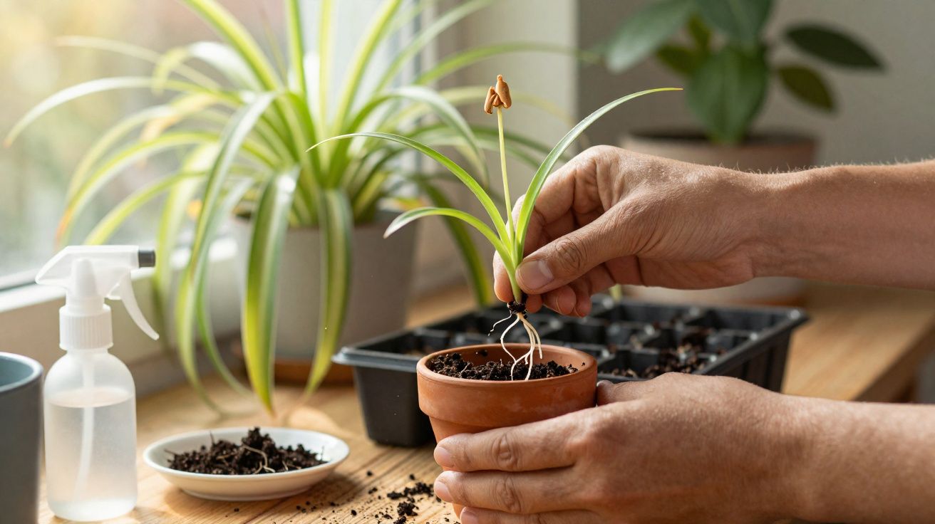 Pessoa transplantando muda de planta com raízes aparentes em vaso de barro próximo a janela.