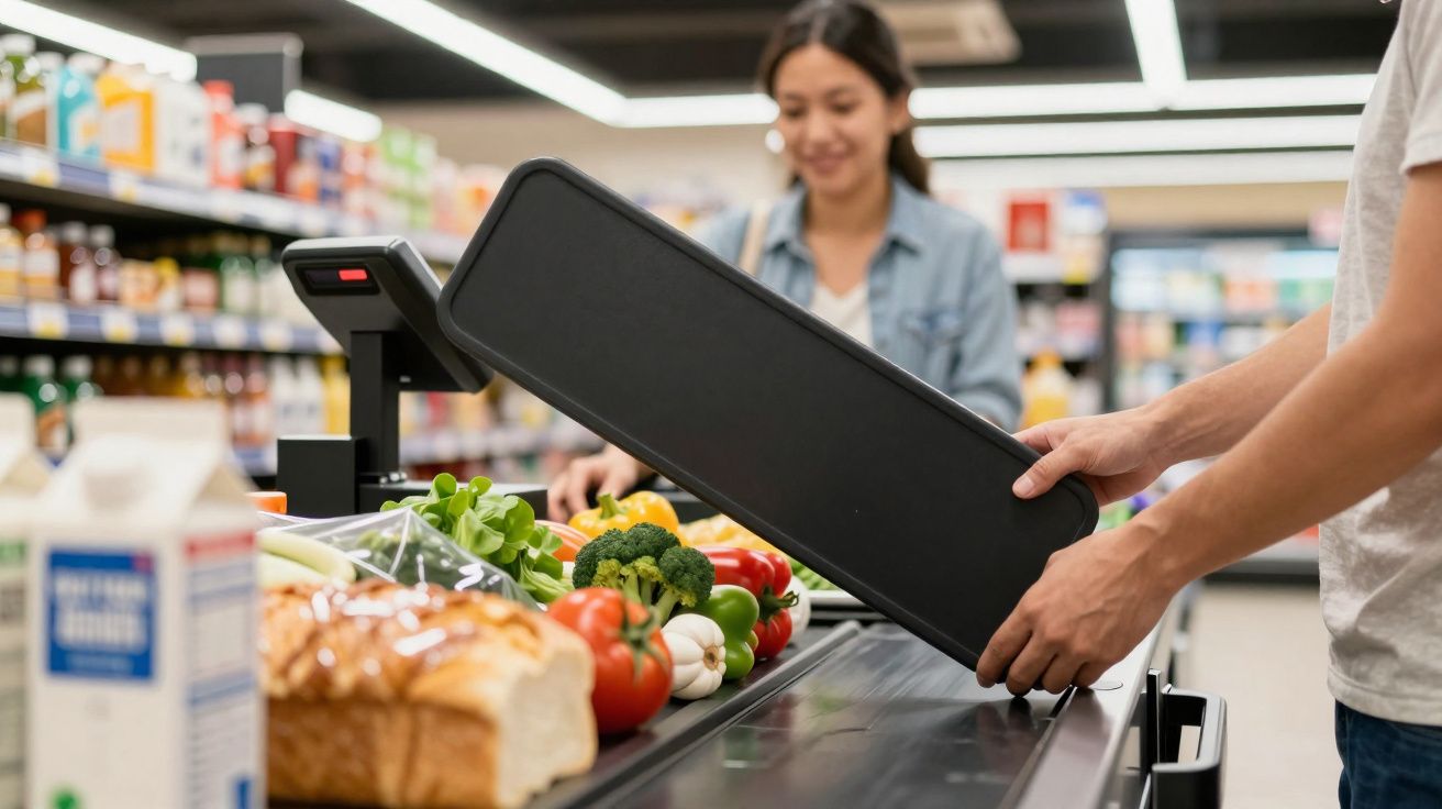 Cliente pagando em supermercado com produtos frescos na esteira do caixa, como pão, legumes e leite.