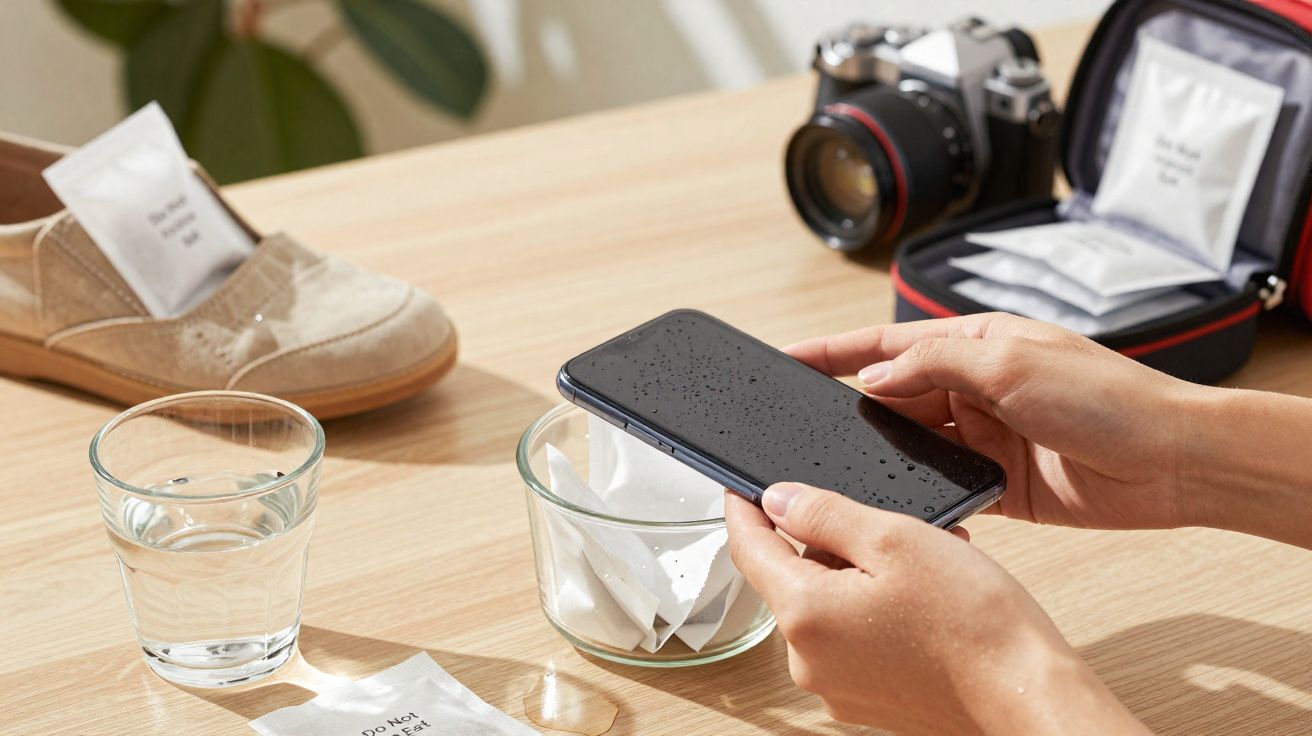 Pessoa segurando celular molhado sobre recipiente com sachês absorventes ao lado de sapato, copo e câmera.