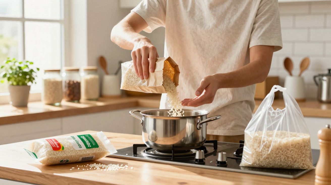 Pessoa despejando arroz em panela sobre fogão na cozinha.