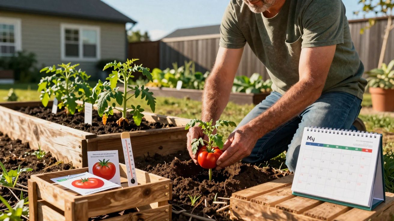 Homem cuidando de tomateiro em canteiro elevado no jardim com calendário e material de plantio ao redor.