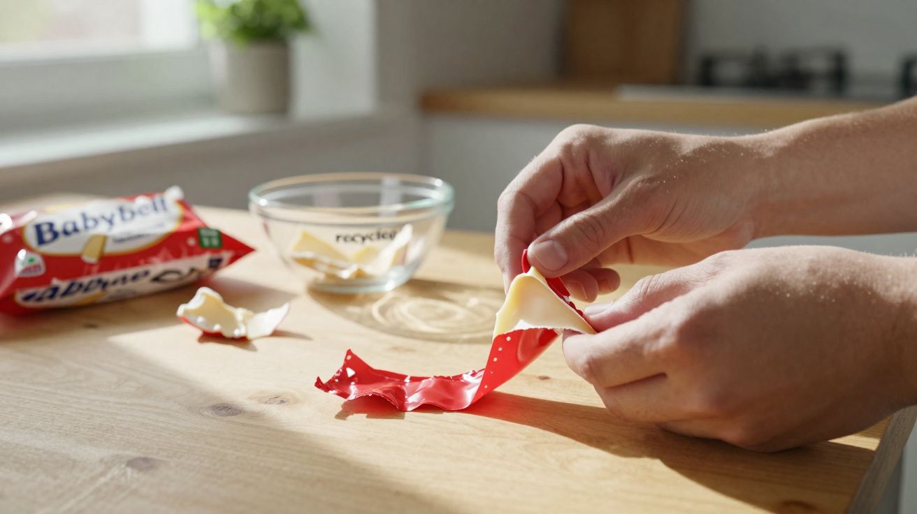 Mãos desembrulhando queijo Babybel em cozinha com luz natural sobre mesa de madeira.