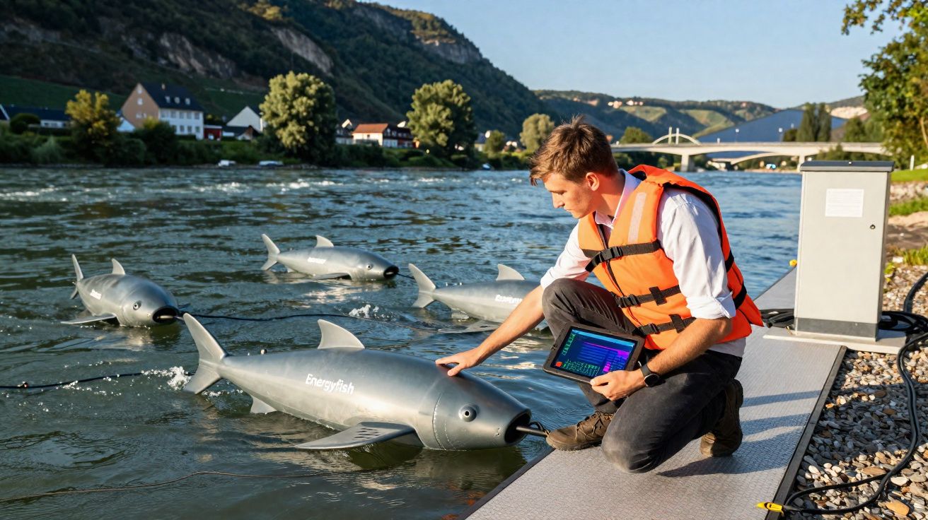 Homem com colete laranja interage com peixe robótico na beira de rio cercado por montanhas e casas.