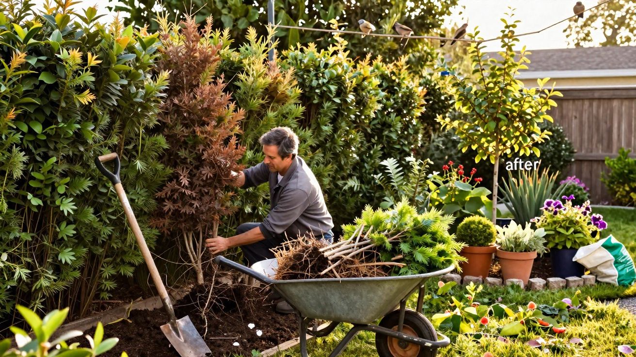 Homem plantando muda de árvore no jardim, ao lado de carrinho de mão com galhos e pá apoiada no chão.