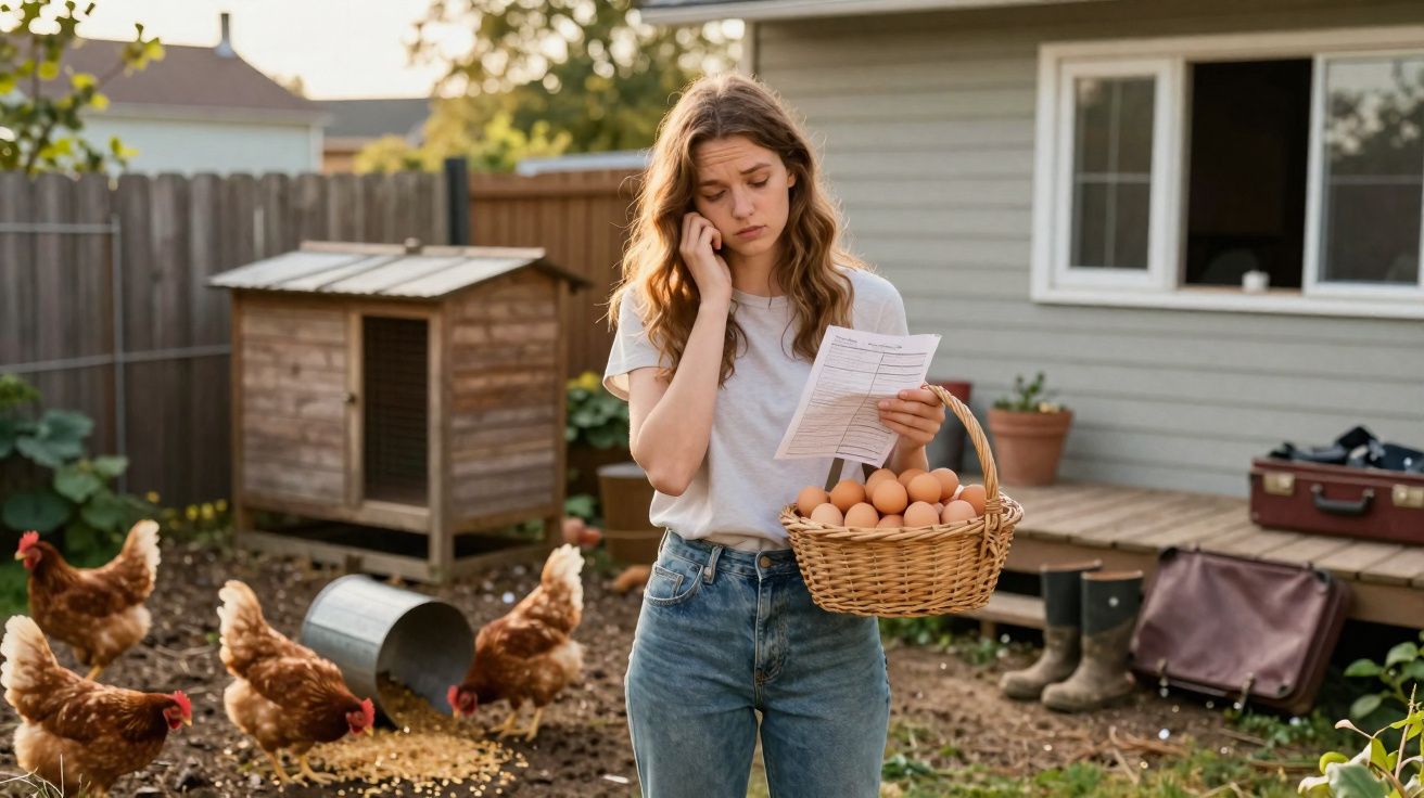Mulher preocupada com cesta de ovos na mão liga ao telefone em quintal com galinhas e galinheiro ao fundo.