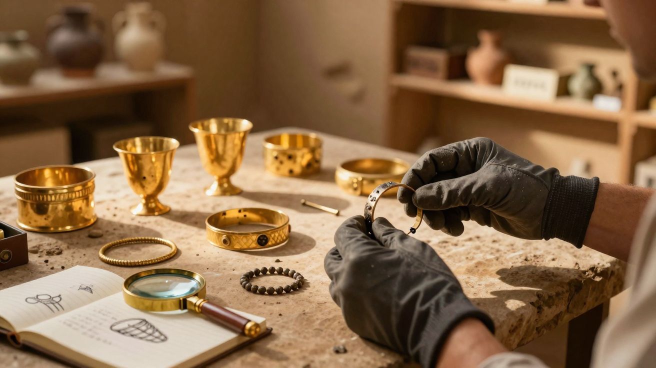 Pessoa com luvas segurando pulseira antiga enquanto examina várias joias douradas e livro aberto sobre mesa de pedra.
