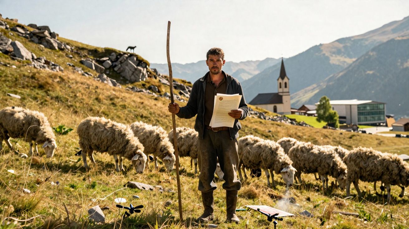 Pastor com cajado e papel em mãos, cercado por ovelhas em campo montanhoso com igreja ao fundo.