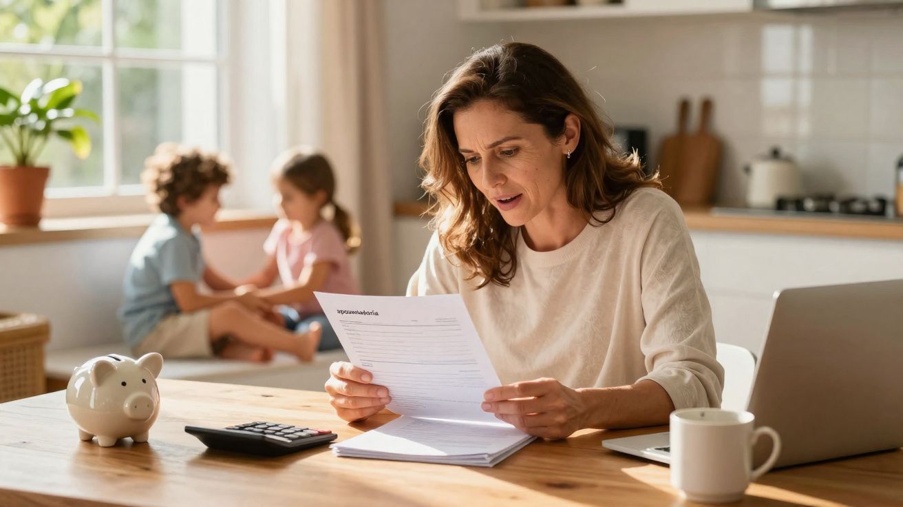Mulher sentada à mesa, lendo documento com cofrinho, calculadora e laptop em manhã iluminada por janela.
