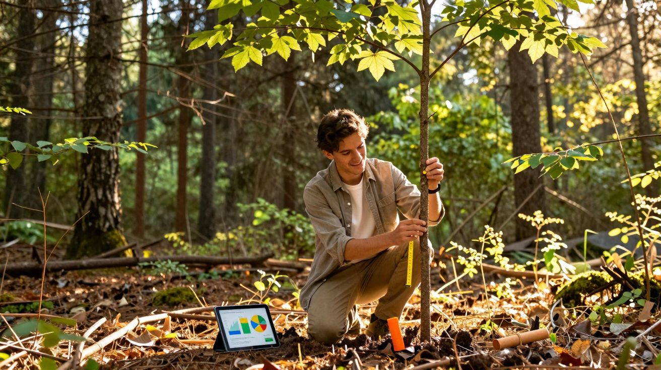 Jovem medindo a altura de uma árvore jovem em floresta, com tablet mostrando gráficos ao lado.