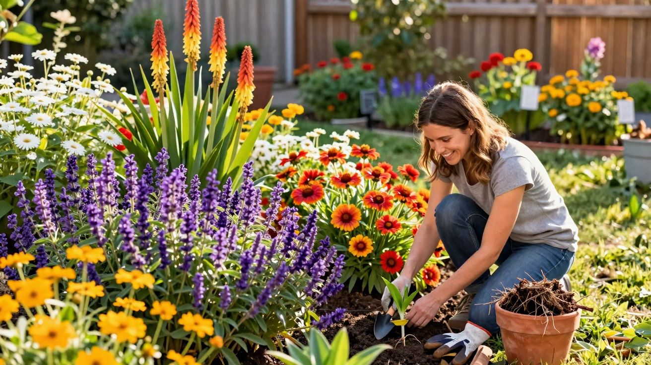 Mulher sorridente plantando flores em jardim com flores variadas e coloridas ao redor.