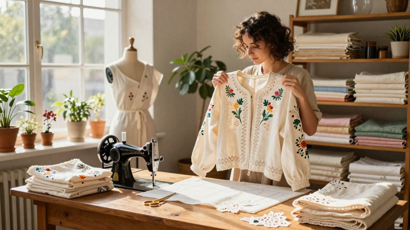Mulher examinando blusa bordada em ateliê de costura com máquina e tecidos ao fundo.