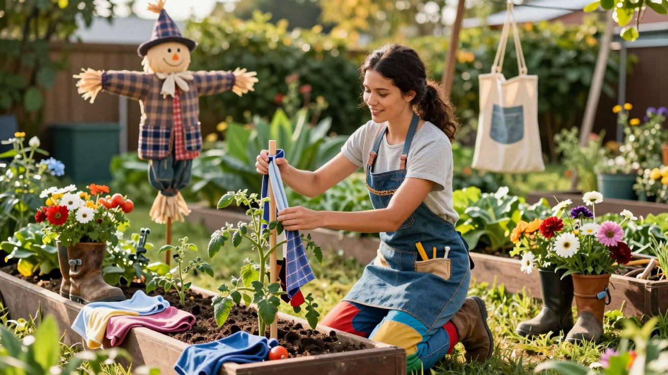 Mulher sorridente cuidando de plantas em canteiro, com espantalho e flores ao redor em jardim.