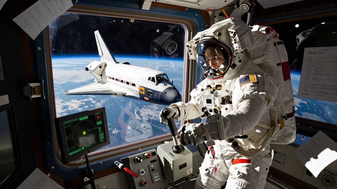 Astronauta operando joystick dentro de nave espacial com ônibus espacial e Terra ao fundo.
