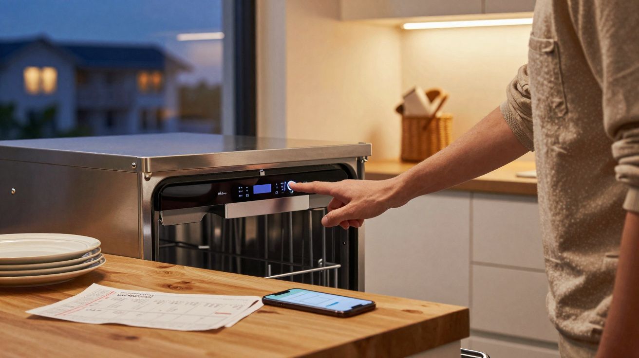 Pessoa ajustando painel digital de lava-louças em cozinha moderna ao entardecer.