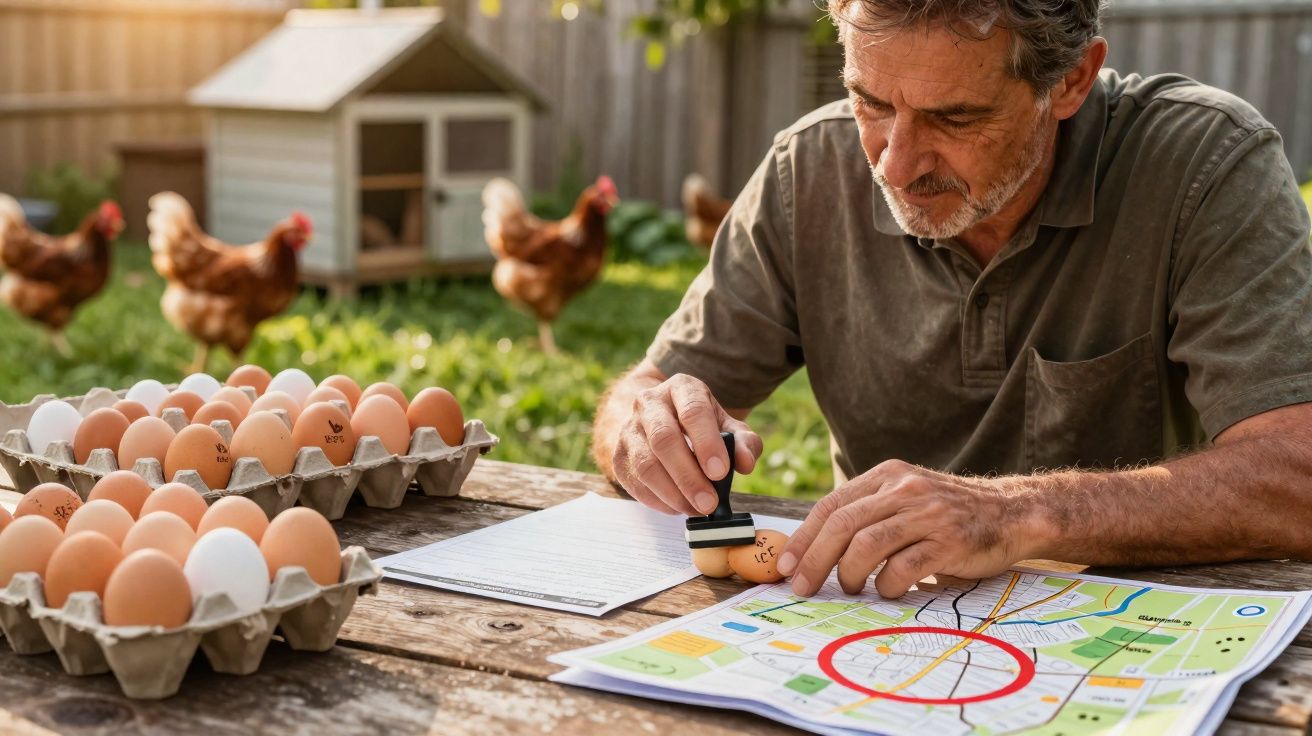 Homem em área rural carimba ovos enquanto verifica mapa com galinhas e galinheiro ao fundo.