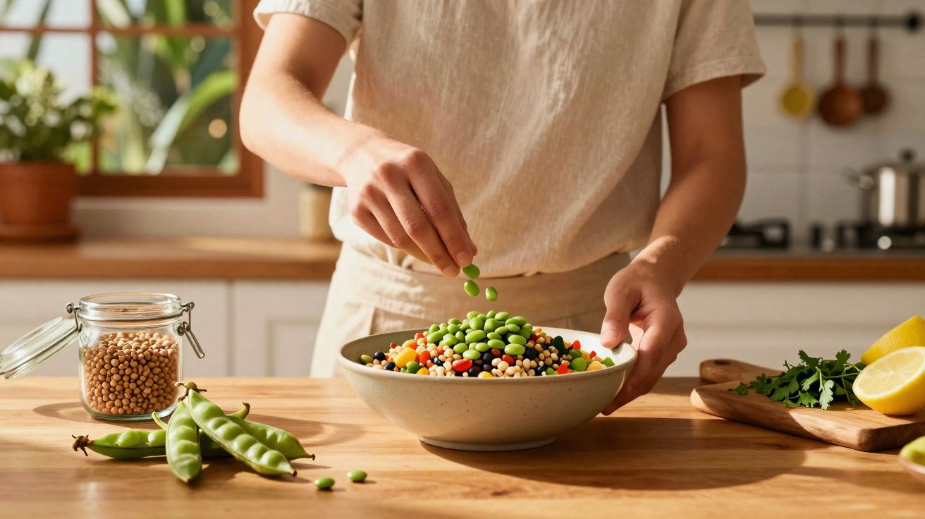Pessoa preparando salada de legumes frescos em tigela na cozinha iluminada.