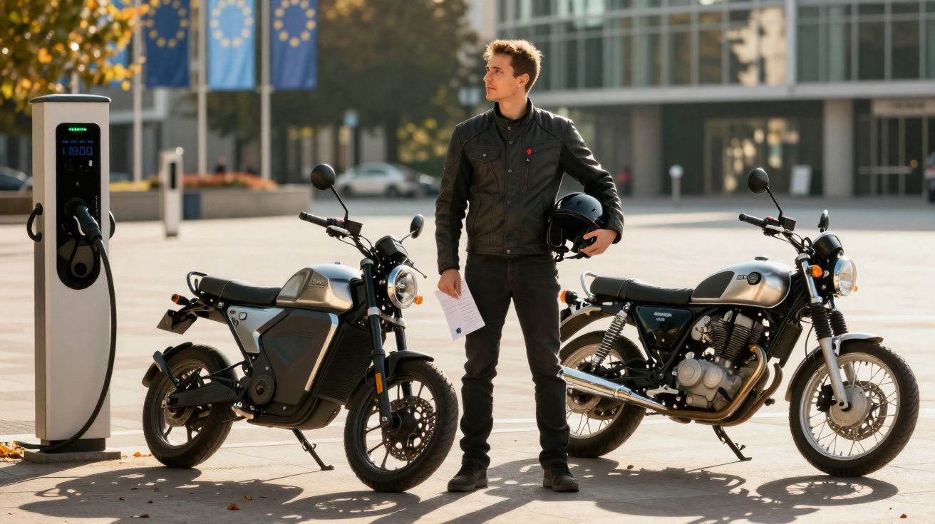 Homem de jaqueta preta entre motocicleta elétrica em estação de recarga e motocicleta convencional.