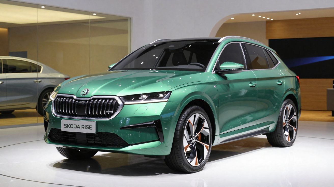 Carro SUV verde metálico Skoda Rise exposto em salão com iluminação interna moderna.