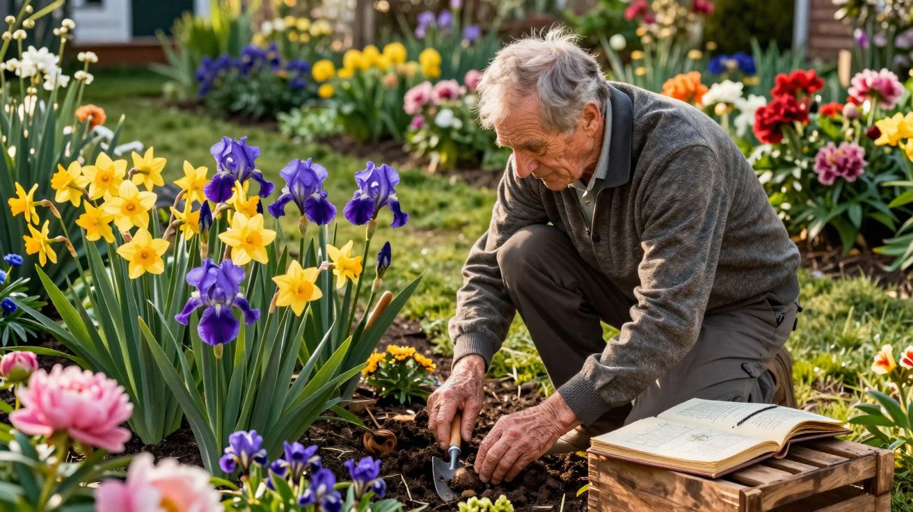 Idoso cuidando de flores em um jardim colorido, com livro aberto ao lado.
