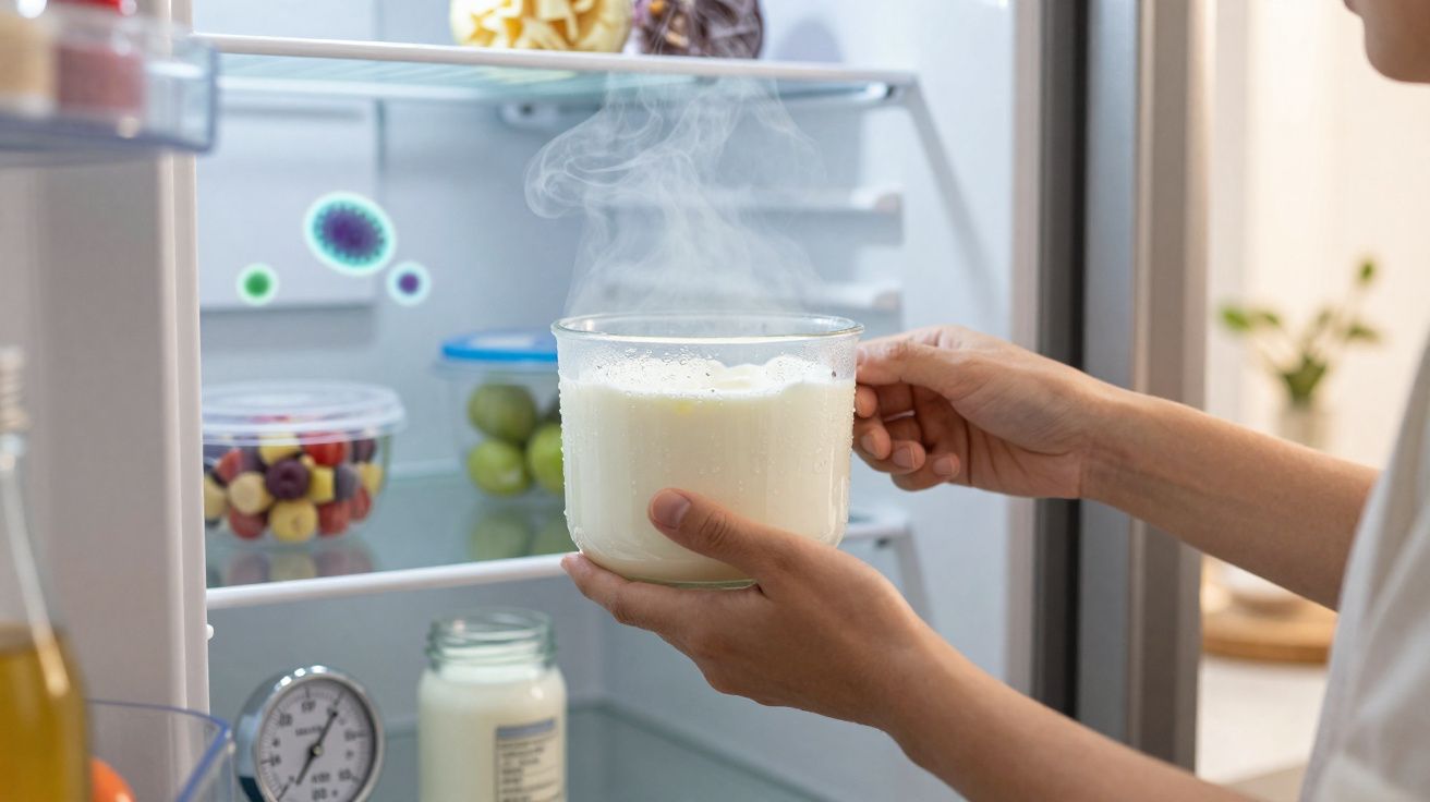 Pessoa segurando recipiente com leite quente soltando vapor próximo da geladeira aberta.