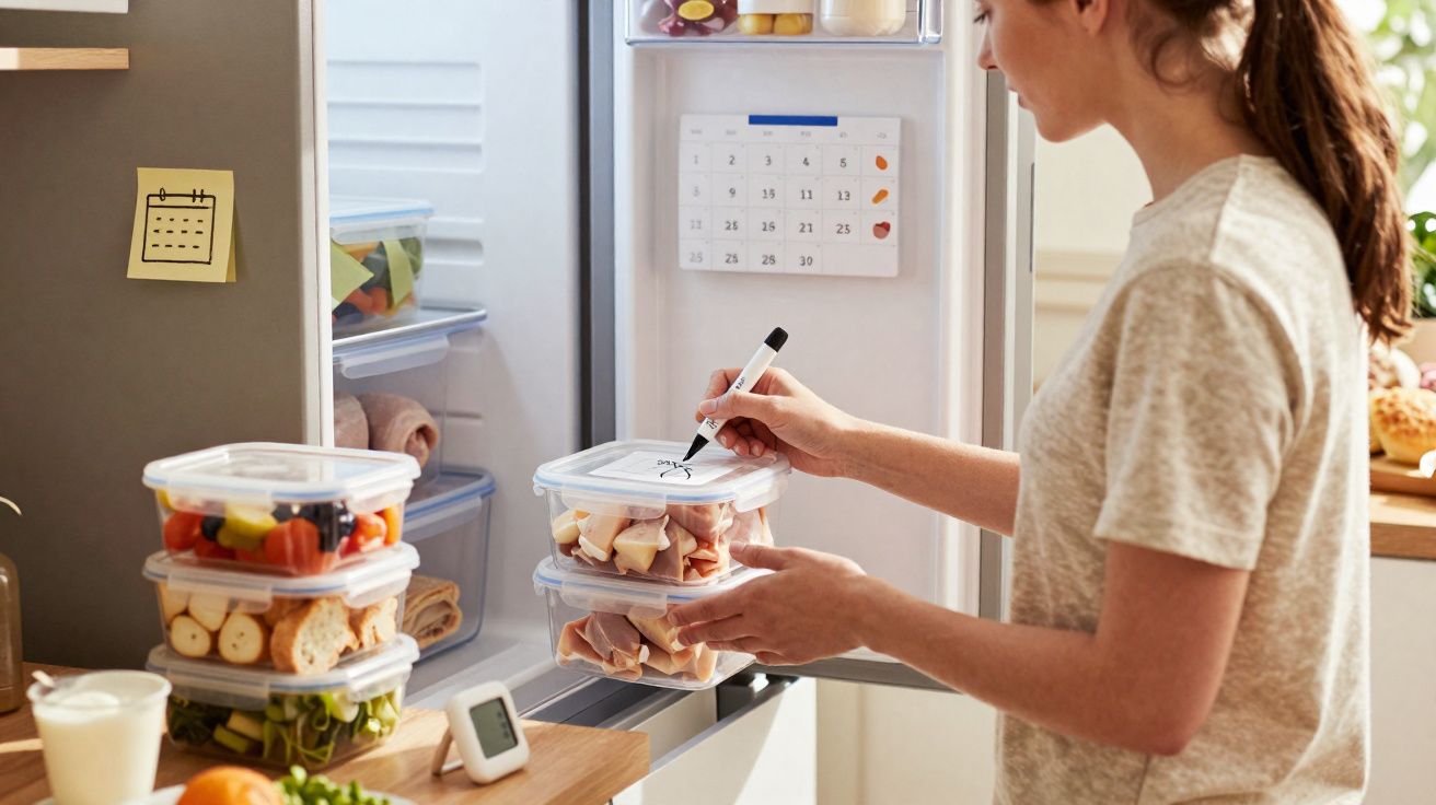 Mulher organizando potes plásticos com alimentos na geladeira e anotando na tampa com marcador.