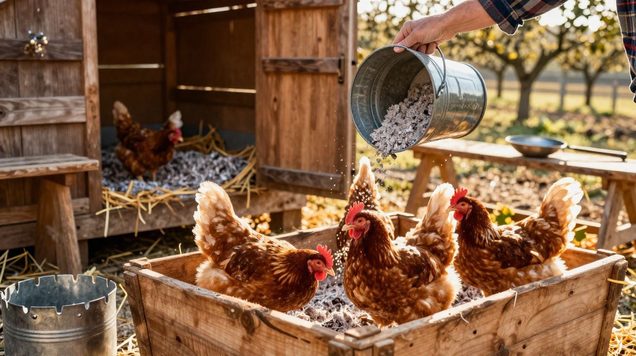 Pessoa despejando comida em balde para galinhas em um galinheiro de madeira ao ar livre.