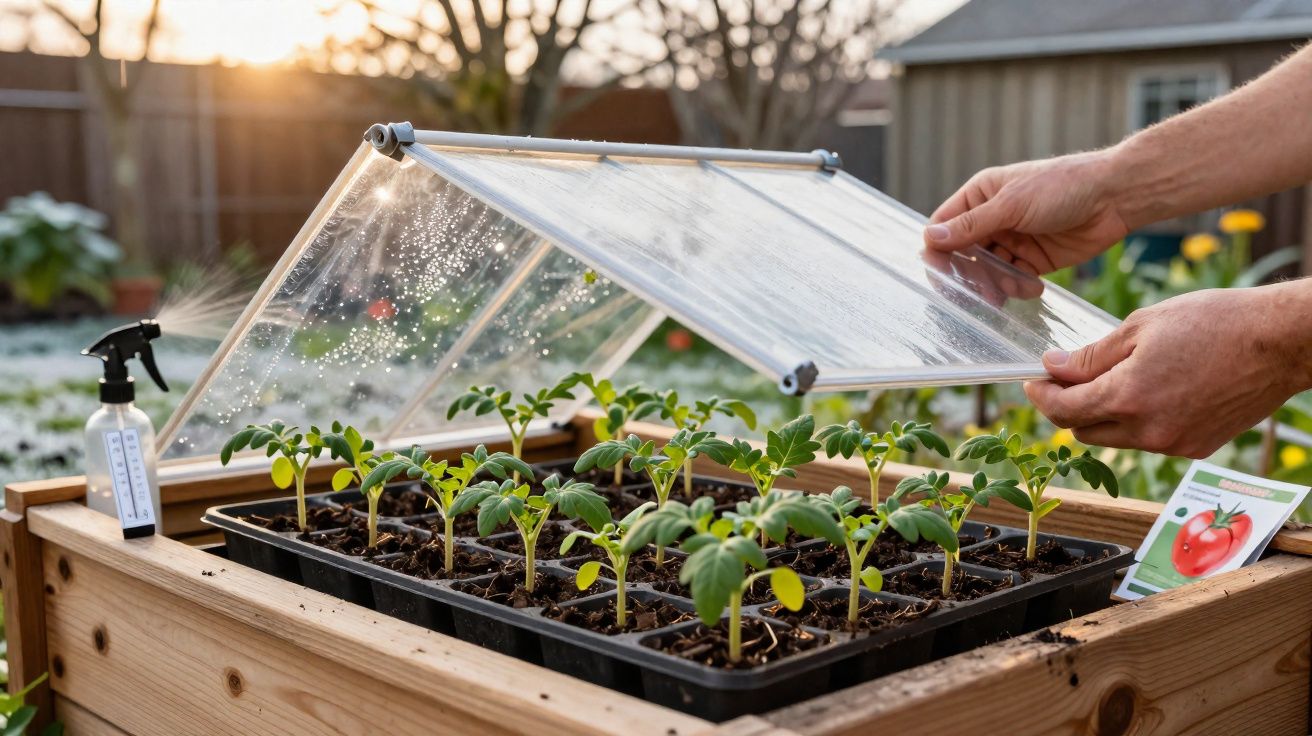 Mãos abrindo tampa de estufa pequena para mudas de tomate em bandeja no jardim ao amanhecer.