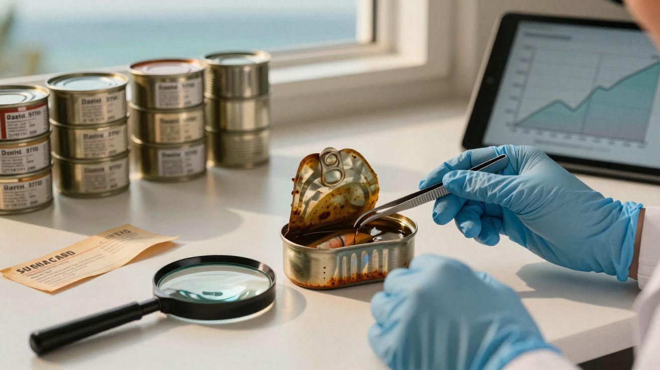 Mão com luva segurando pinça junto a latas de sardinha oxidadas em mesa com lupa e tela de computador.