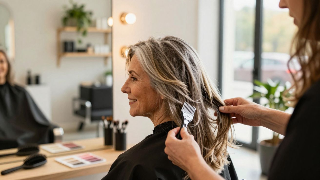 Mulher loira sorridente sentada no salão de beleza enquanto cabeleireira ajeita seu cabelo.