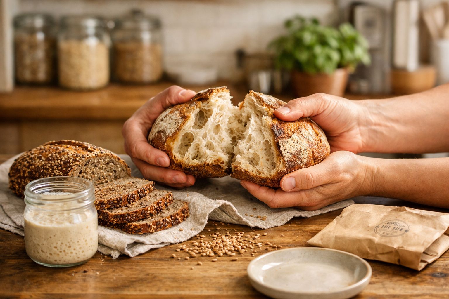Pão artesanal sendo aberto ao meio com várias fatias de pão integral e pote de fermento natural ao lado.