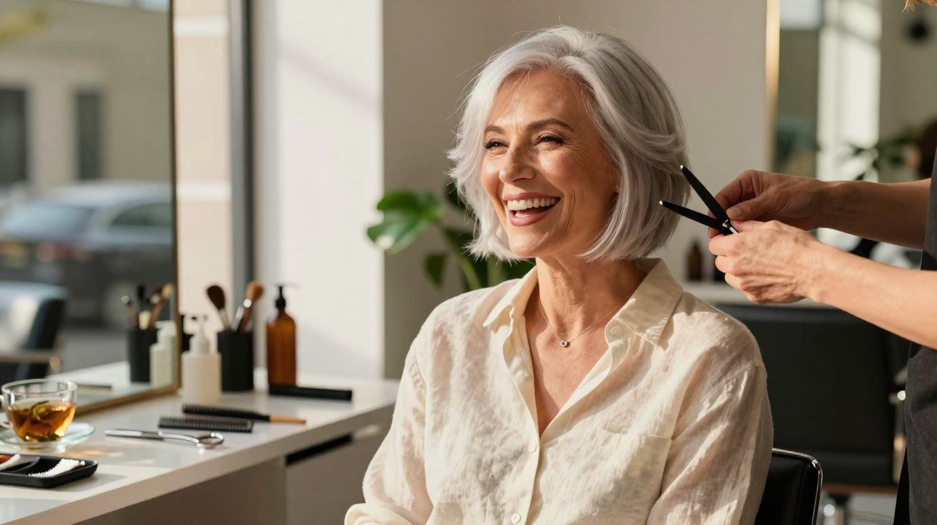 Mulher idosa sorridente recebendo corte de cabelo em salão iluminado durante o dia.