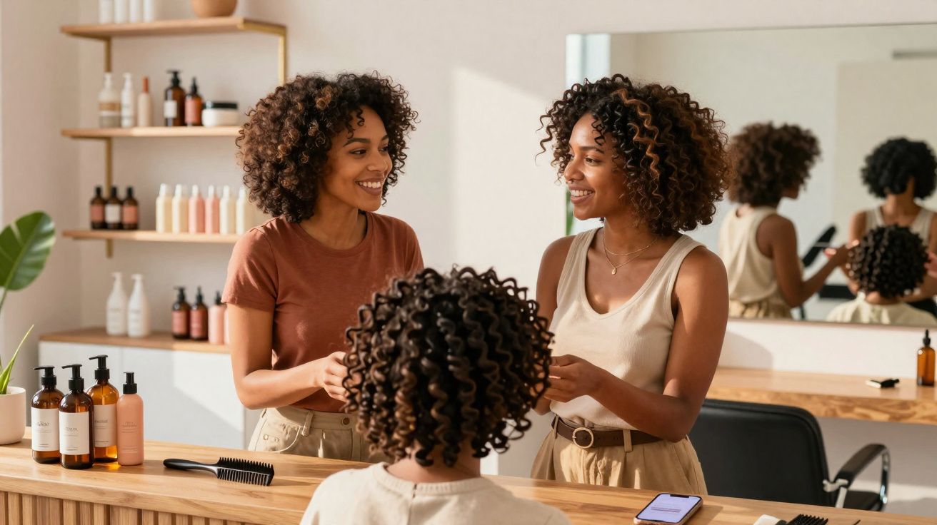 Duas mulheres com cabelo cacheado conversam frente a um espelho em salão de beleza moderno e iluminado.