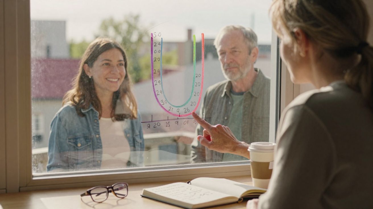 Pessoa escrevendo gráfico em janela de vidro enquanto duas outras observam do lado externo em ambiente iluminado.