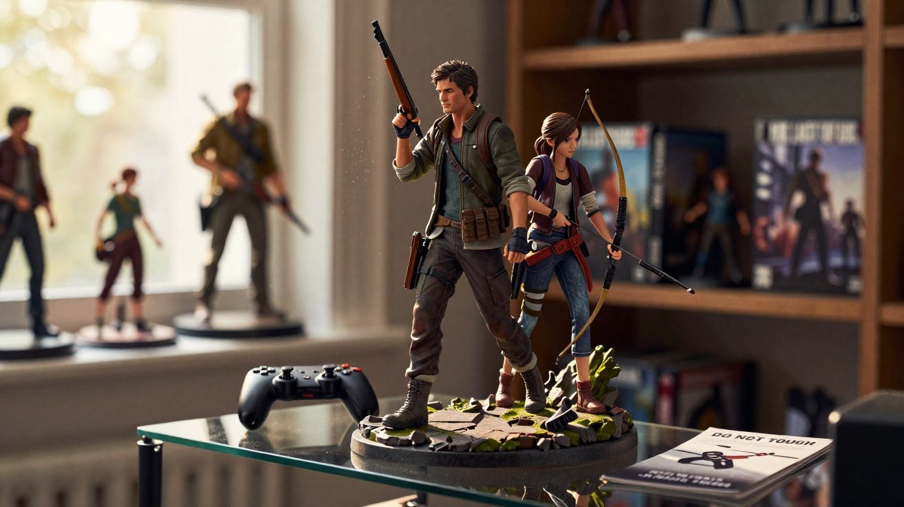 Estátuas de personagens com armas em mesa de vidro, controle de videogame ao lado e estantes ao fundo.