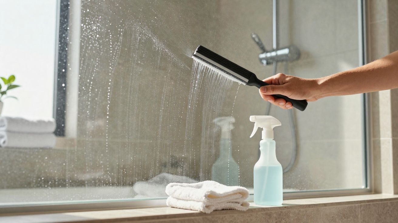 Pessoa limpando espelho de banheiro com raspador, ao lado de frasco spray e toalhas brancas.